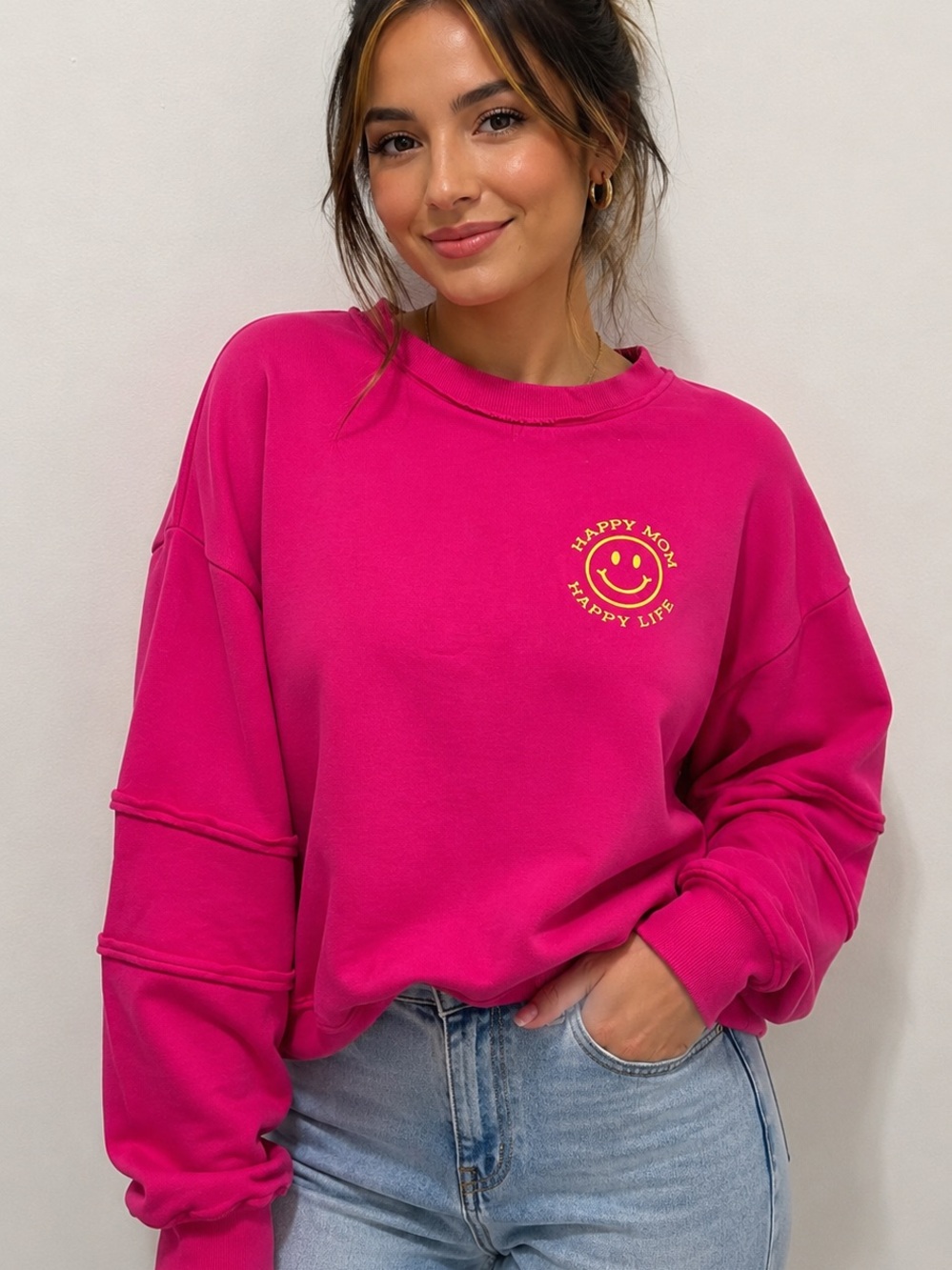 Hot Pink Happy Mom Sweatshirt XL Oversized Graphic Pullover Cute